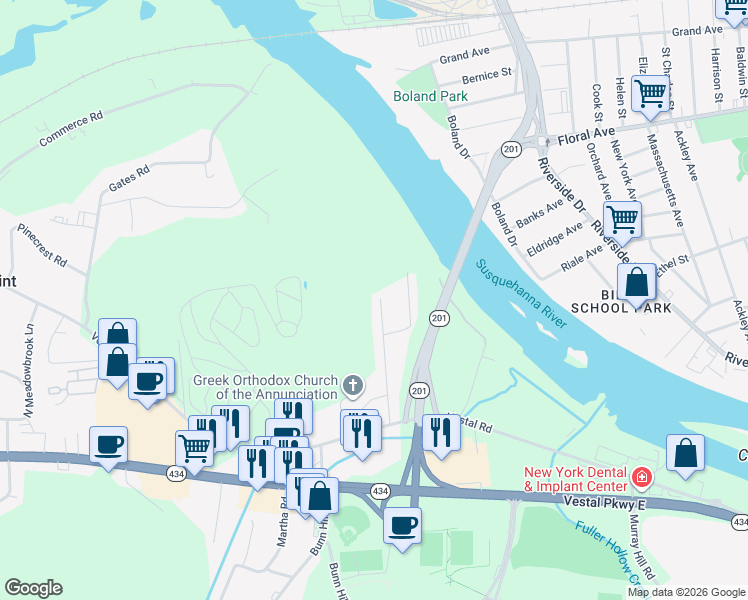 map of restaurants, bars, coffee shops, grocery stores, and more near 721 Old Lane Road in Vestal