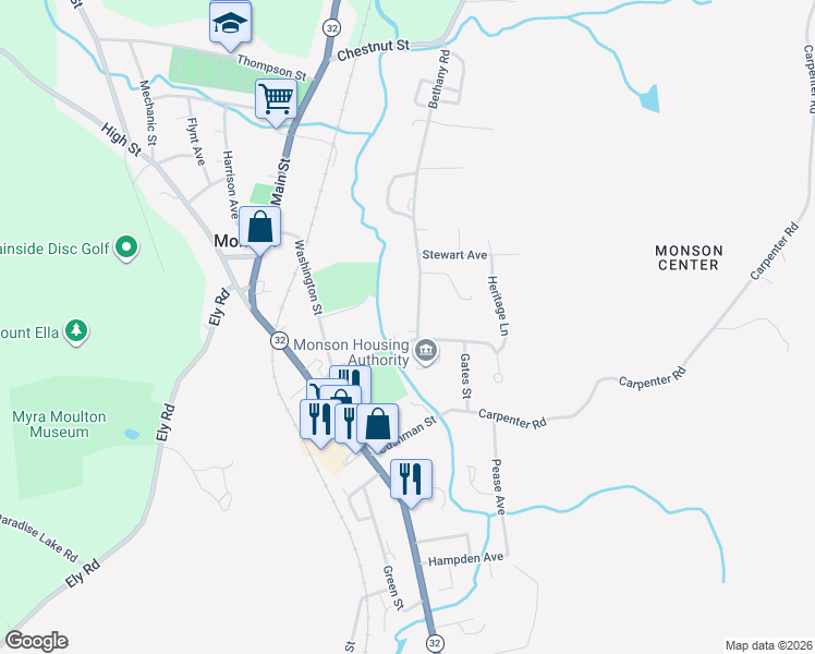 map of restaurants, bars, coffee shops, grocery stores, and more near 5 Bethany Road in Monson