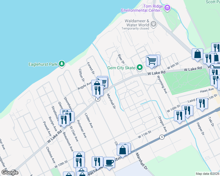 map of restaurants, bars, coffee shops, grocery stores, and more near 503 Marshall Drive in Erie