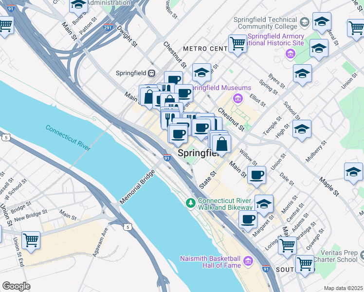map of restaurants, bars, coffee shops, grocery stores, and more near 1414 Main St, Springfield, MA 01144 Main Street in Springfield