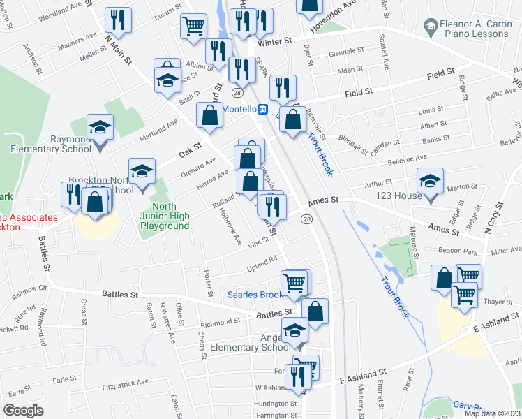 map of restaurants, bars, coffee shops, grocery stores, and more near 705 North Main Street in Brockton