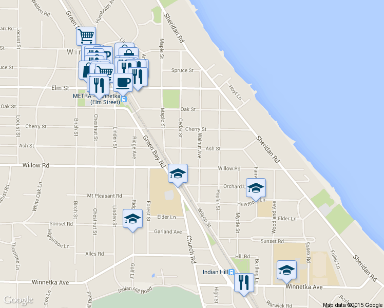 map of restaurants, bars, coffee shops, grocery stores, and more near 610 Ash St in Winnetka