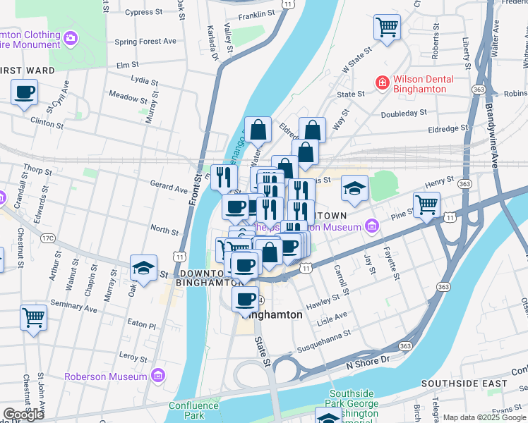 map of restaurants, bars, coffee shops, grocery stores, and more near 250 Washington Street in Binghamton