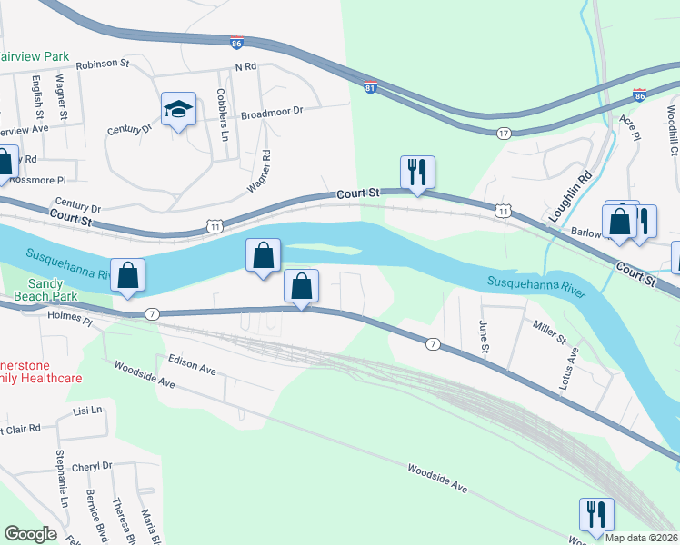 map of restaurants, bars, coffee shops, grocery stores, and more near 25 Barbara Lane in Binghamton