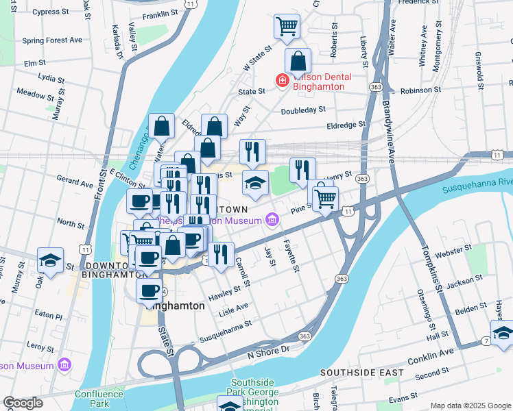 map of restaurants, bars, coffee shops, grocery stores, and more near in Binghamton