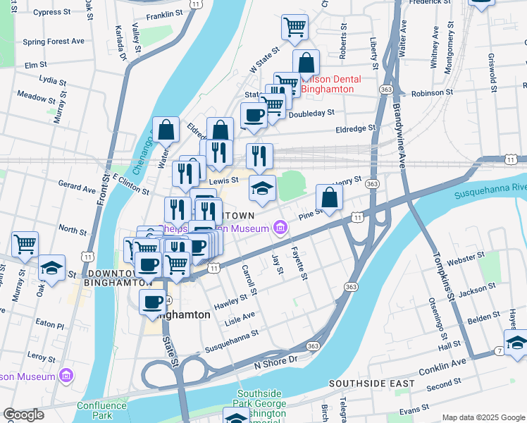 map of restaurants, bars, coffee shops, grocery stores, and more near in Binghamton
