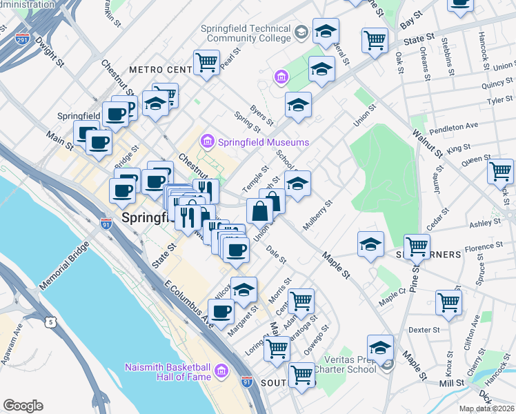 map of restaurants, bars, coffee shops, grocery stores, and more near 2 Temple Street in Springfield