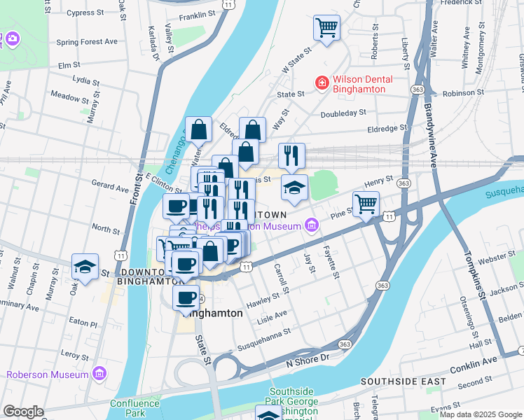 map of restaurants, bars, coffee shops, grocery stores, and more near in Binghamton