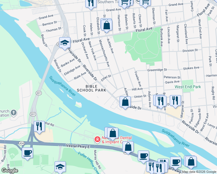 map of restaurants, bars, coffee shops, grocery stores, and more near 62 Burdick Avenue in Johnson City