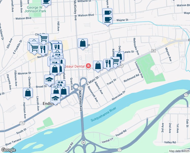 map of restaurants, bars, coffee shops, grocery stores, and more near 108 Adams Avenue in Endicott