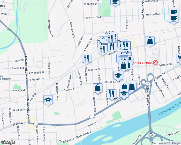 map of restaurants, bars, coffee shops, grocery stores, and more near 706 Monroe Street in Endicott