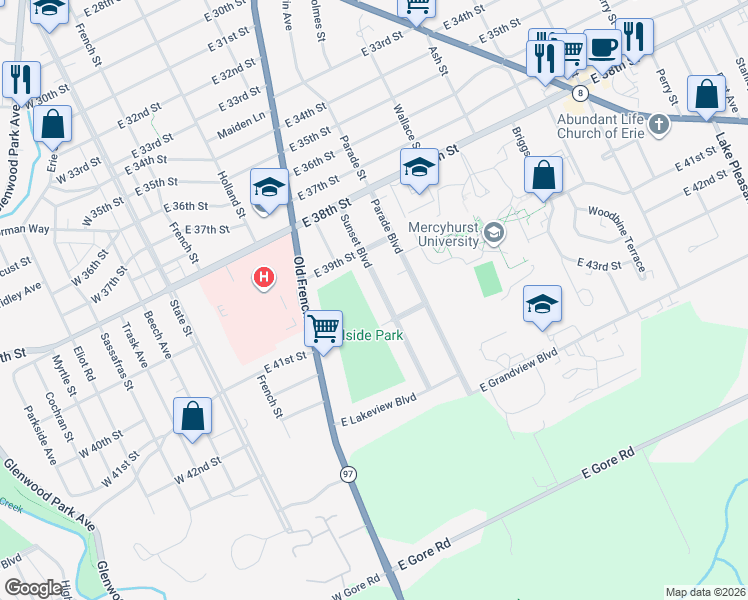 map of restaurants, bars, coffee shops, grocery stores, and more near 4014 Sunset Boulevard in Erie