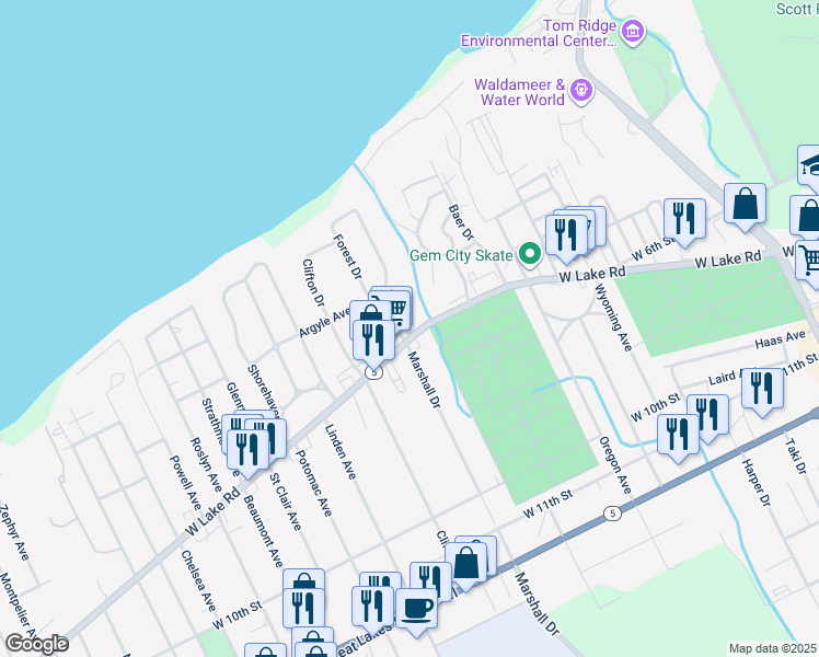 map of restaurants, bars, coffee shops, grocery stores, and more near 503 Marshall Drive in Erie