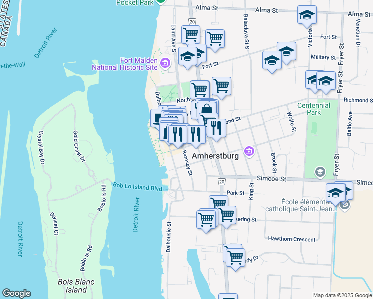 map of restaurants, bars, coffee shops, grocery stores, and more near in Amherstburg