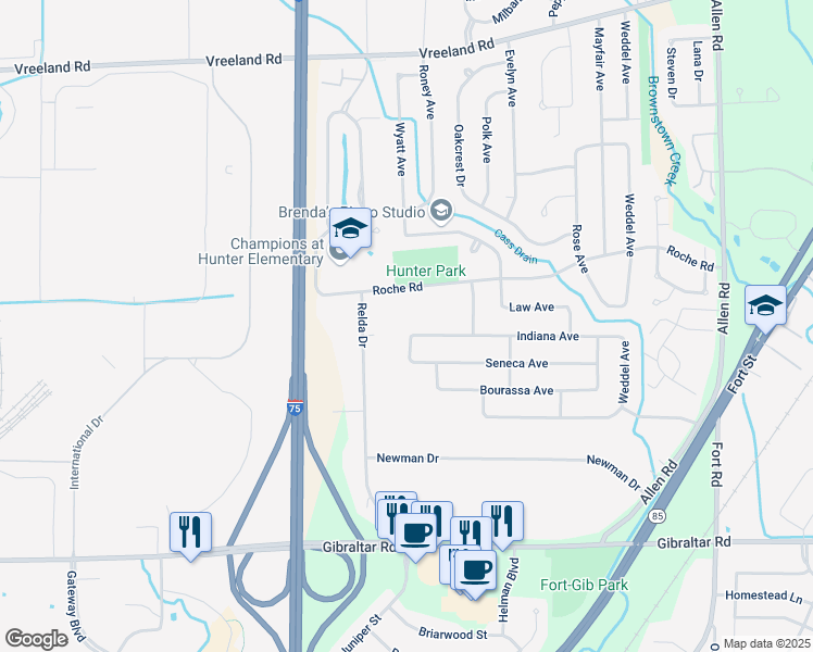 map of restaurants, bars, coffee shops, grocery stores, and more near 21015 Roche Road in Brownstown Charter Township