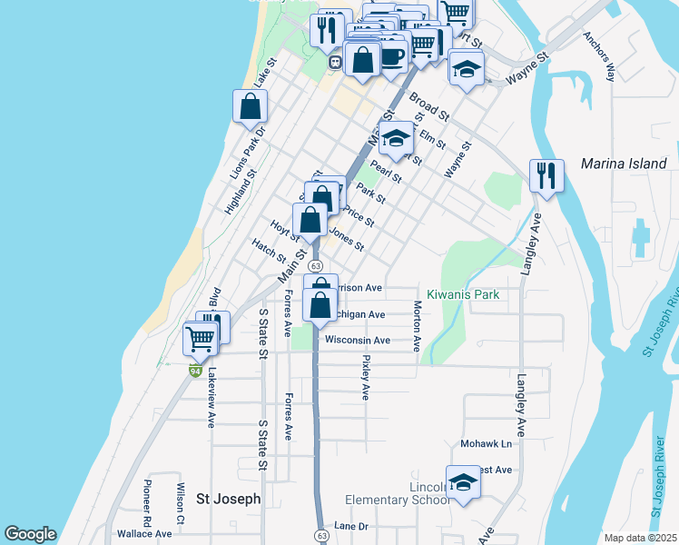 map of restaurants, bars, coffee shops, grocery stores, and more near 811 Hoyt Street in St. Joseph