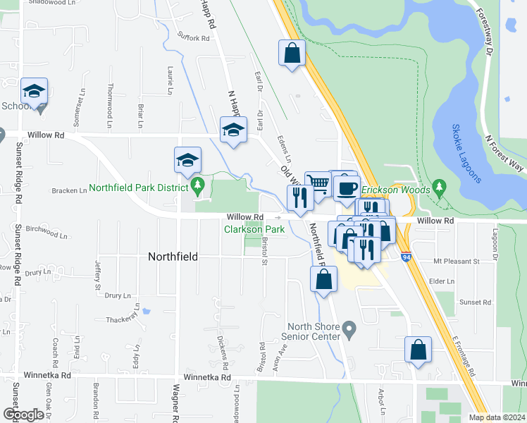 map of restaurants, bars, coffee shops, grocery stores, and more near 1923 Willow Road in Northfield