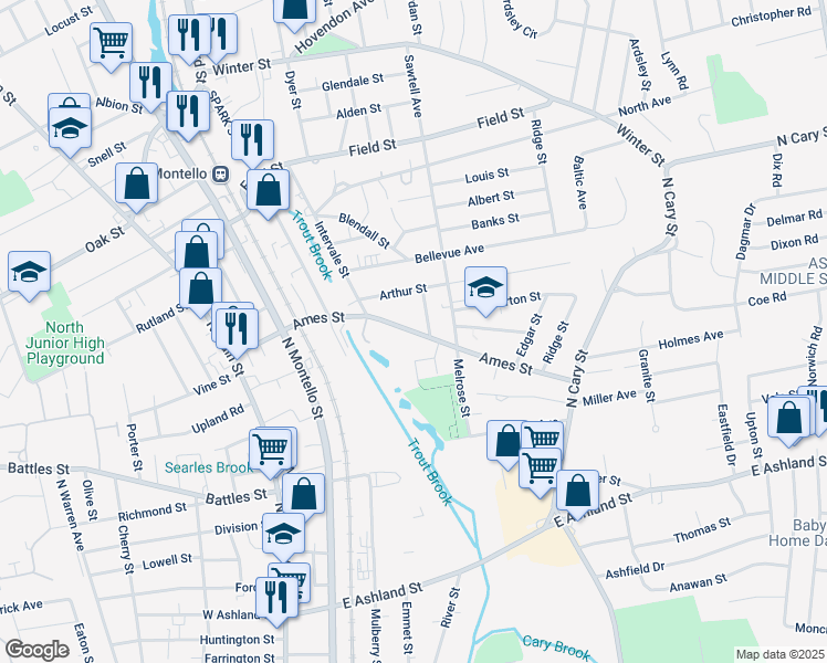 map of restaurants, bars, coffee shops, grocery stores, and more near 158 Ames St in Brockton