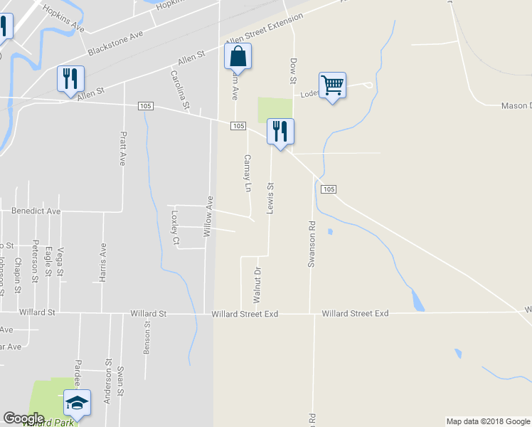 map of restaurants, bars, coffee shops, grocery stores, and more near 2337 Lewis Street in Jamestown