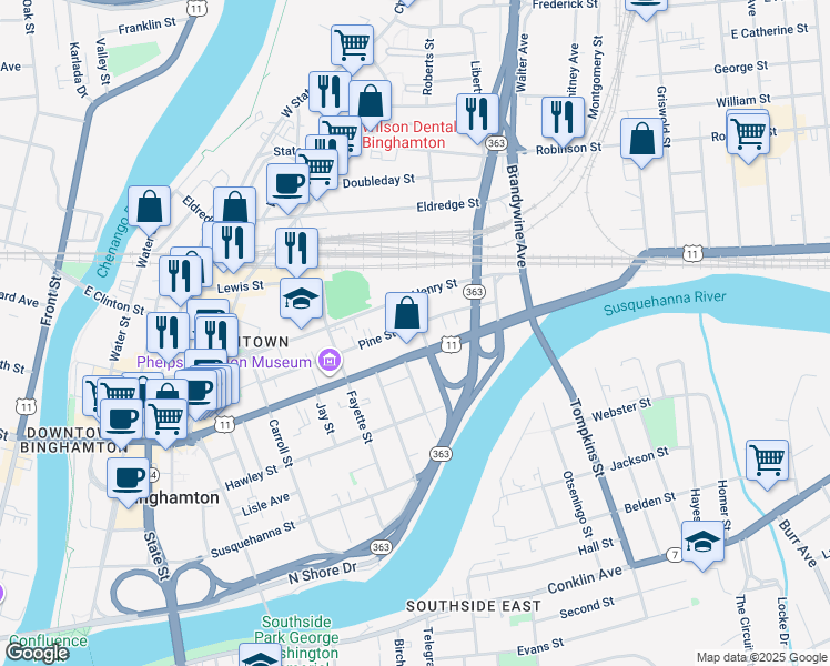 map of restaurants, bars, coffee shops, grocery stores, and more near 78 Pine Street in Binghamton
