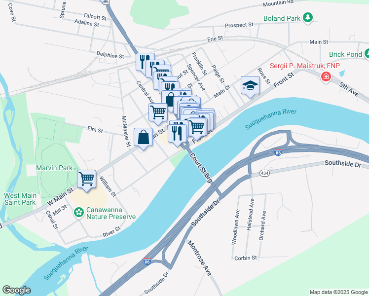 map of restaurants, bars, coffee shops, grocery stores, and more near Park Street & New York State Bicycle Route 17 in Owego