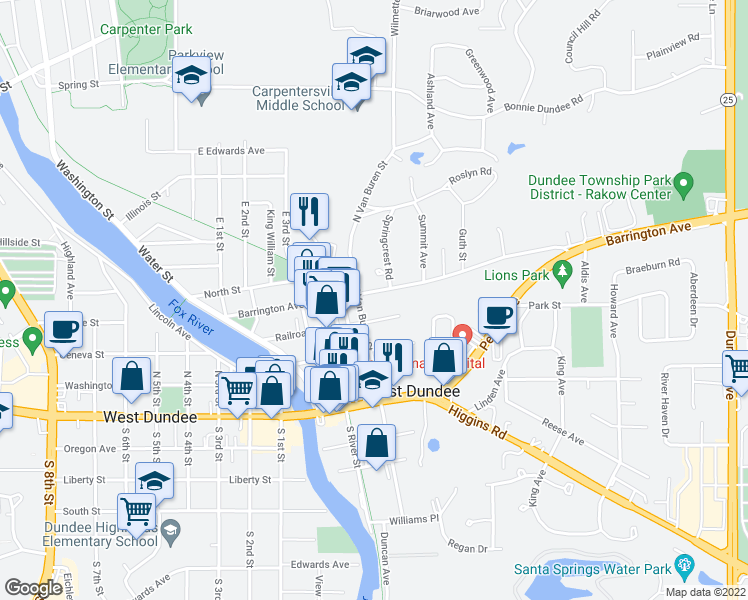 map of restaurants, bars, coffee shops, grocery stores, and more near 406 Barrington Avenue in East Dundee
