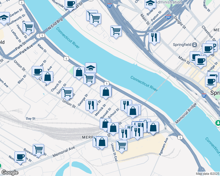 map of restaurants, bars, coffee shops, grocery stores, and more near 36 Colton Avenue in West Springfield