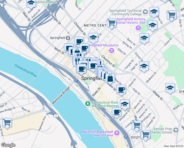 map of restaurants, bars, coffee shops, grocery stores, and more near in Springfield