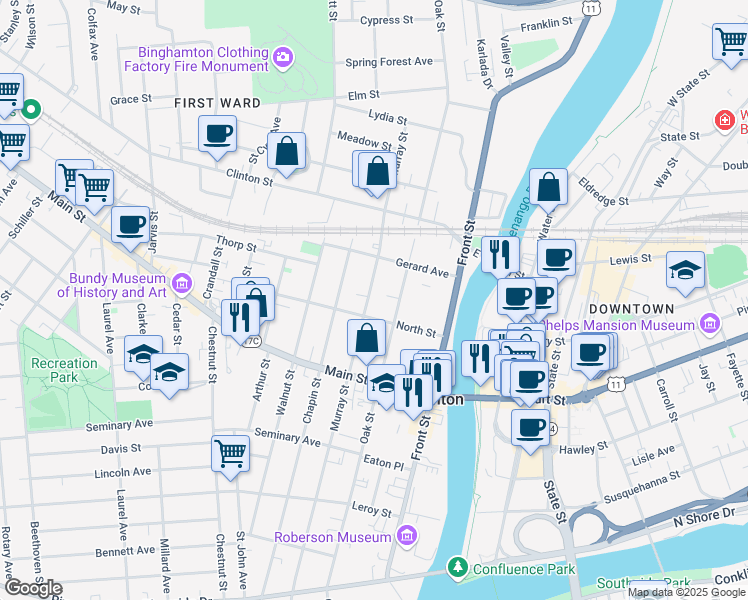 map of restaurants, bars, coffee shops, grocery stores, and more near 142 Murray Street in Binghamton