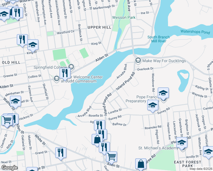map of restaurants, bars, coffee shops, grocery stores, and more near 196 Arcadia Boulevard in Springfield