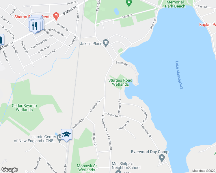 map of restaurants, bars, coffee shops, grocery stores, and more near 160 East Foxboro Street in Sharon