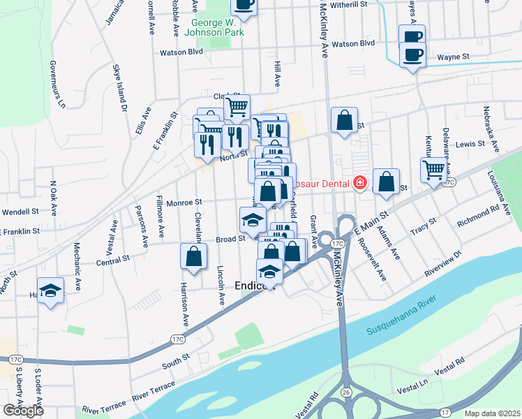 map of restaurants, bars, coffee shops, grocery stores, and more near 110 Washington Avenue in Endicott