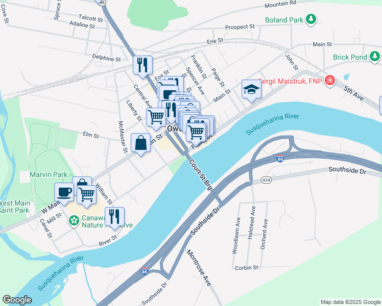 map of restaurants, bars, coffee shops, grocery stores, and more near 174 Front Street in Owego