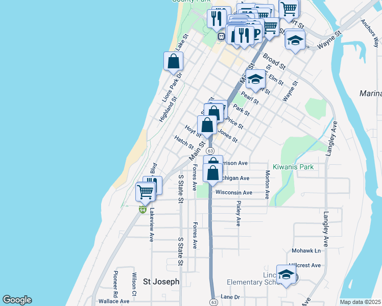 map of restaurants, bars, coffee shops, grocery stores, and more near 1208 Main Street in St. Joseph