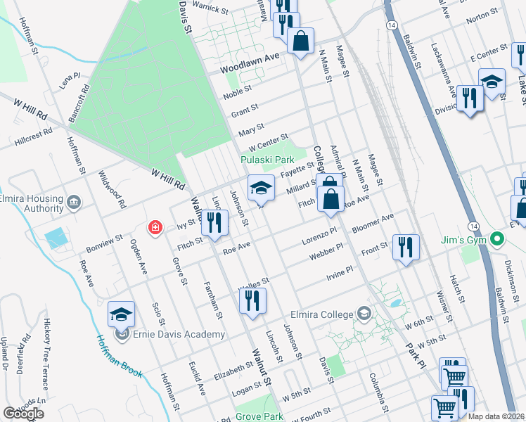 map of restaurants, bars, coffee shops, grocery stores, and more near 363 Millard Street in Elmira