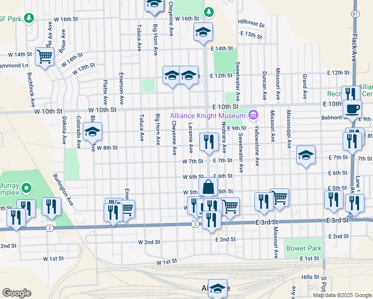 map of restaurants, bars, coffee shops, grocery stores, and more near 201-249 West 8th Street in Alliance