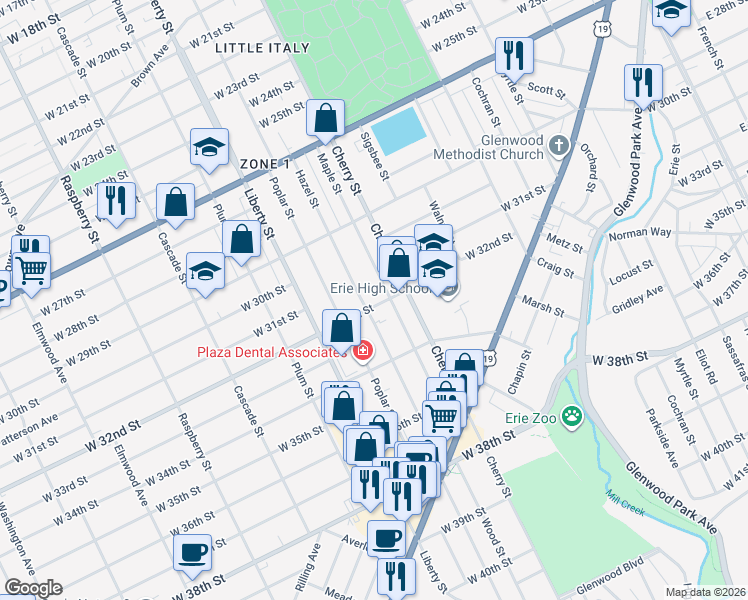 map of restaurants, bars, coffee shops, grocery stores, and more near 636 West 32nd Street in Erie