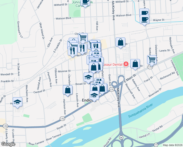 map of restaurants, bars, coffee shops, grocery stores, and more near 110 Washington Avenue in Endicott