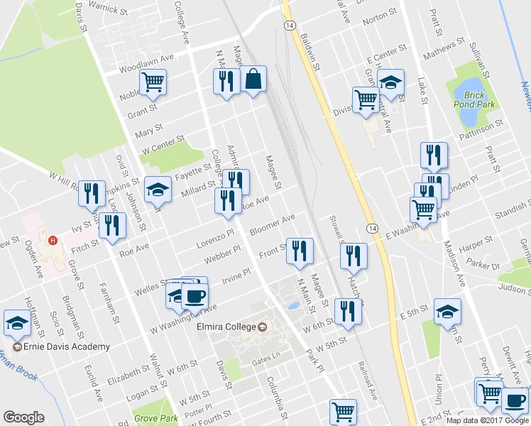 map of restaurants, bars, coffee shops, grocery stores, and more near 1007 North Main Street in Elmira