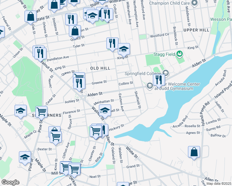 map of restaurants, bars, coffee shops, grocery stores, and more near 123 Alden Street in Springfield