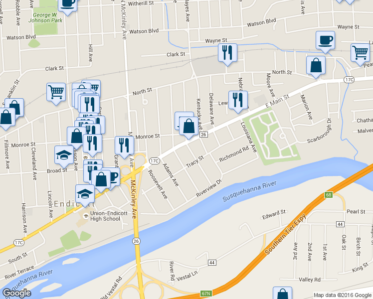 map of restaurants, bars, coffee shops, grocery stores, and more near 306 Jackson Avenue in Endicott