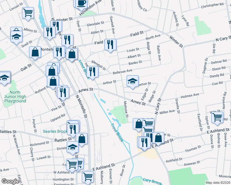 map of restaurants, bars, coffee shops, grocery stores, and more near 158 Ames Street in Brockton