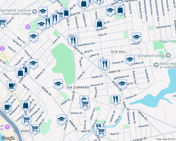 map of restaurants, bars, coffee shops, grocery stores, and more near 131 Cedar Street in Springfield