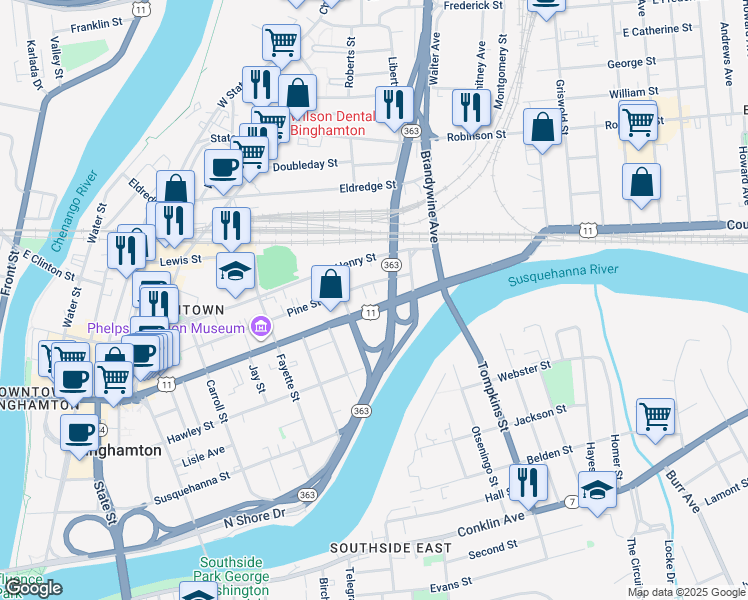 map of restaurants, bars, coffee shops, grocery stores, and more near 249 Court Street in Binghamton