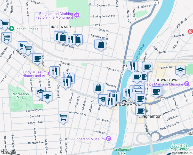 map of restaurants, bars, coffee shops, grocery stores, and more near 172 Chapin Street in Binghamton