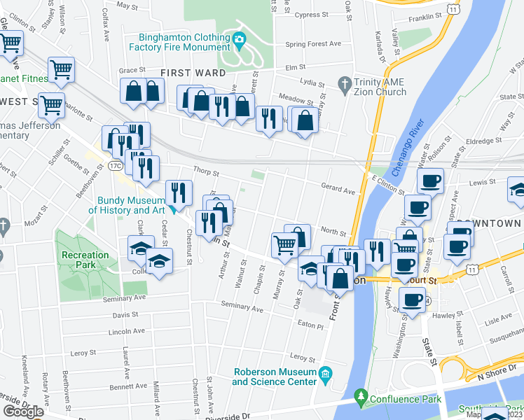 map of restaurants, bars, coffee shops, grocery stores, and more near 102 Walnut Street in Binghamton