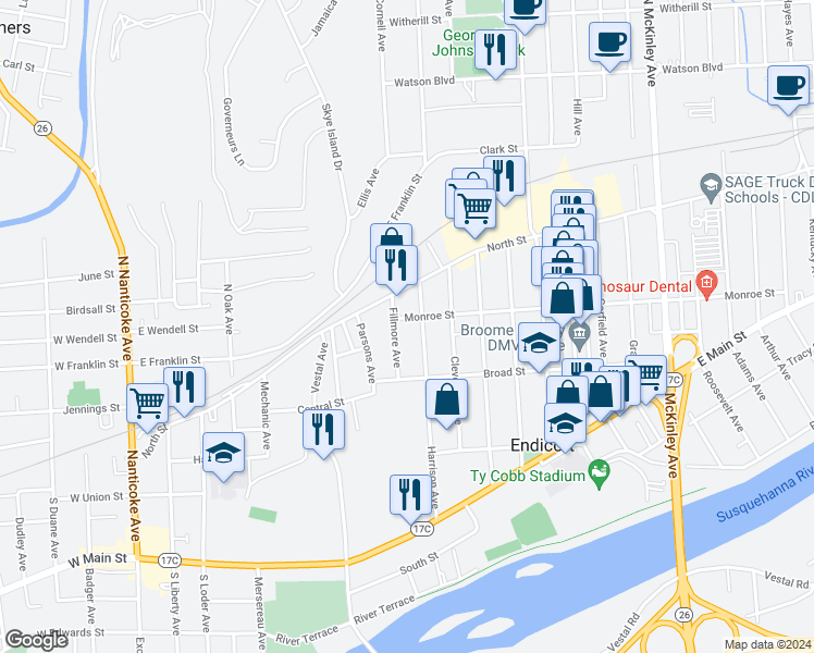 map of restaurants, bars, coffee shops, grocery stores, and more near 706 Monroe Street in Endicott