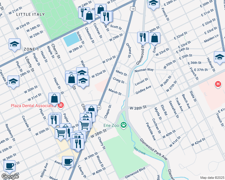 map of restaurants, bars, coffee shops, grocery stores, and more near 3329 Chapin Street in Erie