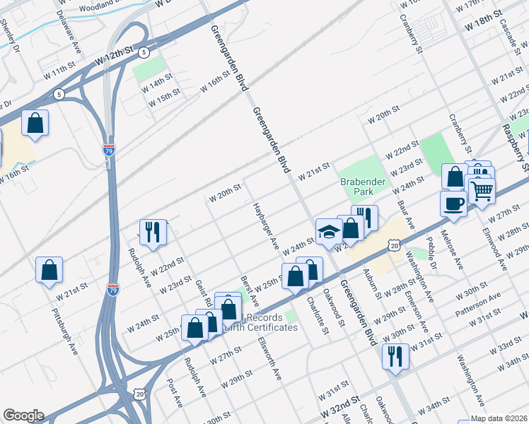 map of restaurants, bars, coffee shops, grocery stores, and more near 2118 Haybarger Avenue in Erie