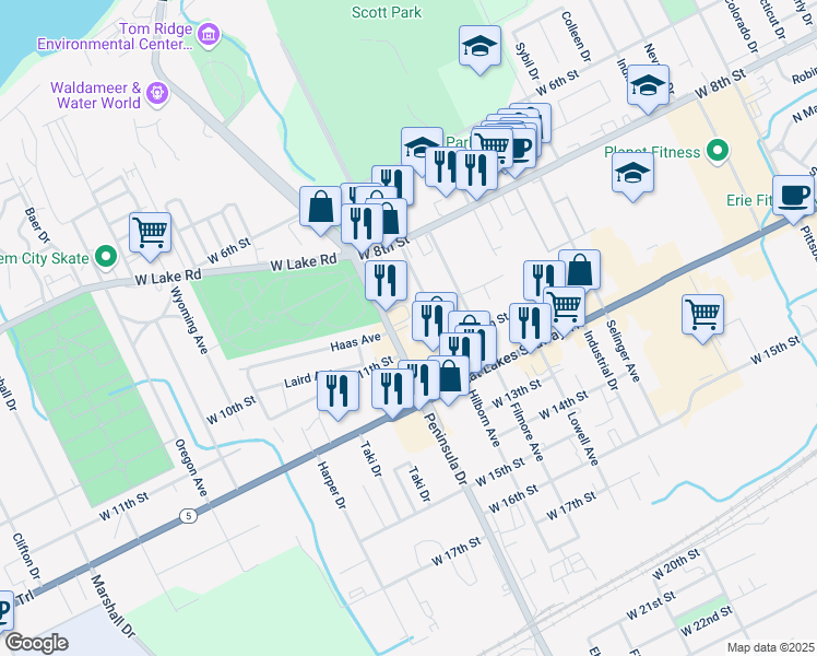 map of restaurants, bars, coffee shops, grocery stores, and more near 1001 Peninsula Drive in Erie
